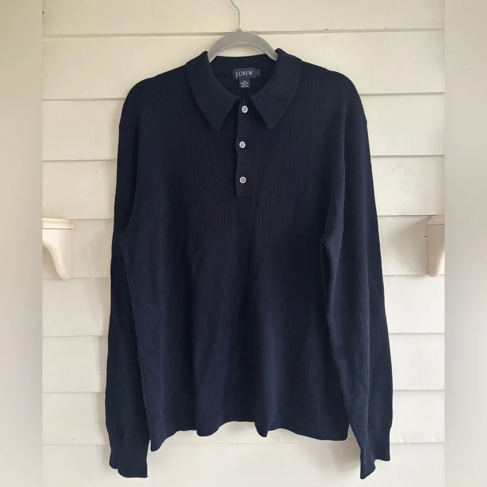 J. Crew Men's Navy Blue Merino Wool Ribbed Collared Long Sleeve Shirt Size L